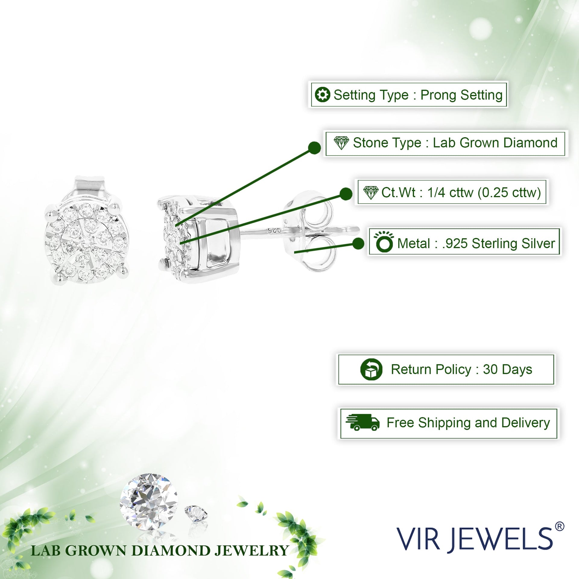 1/4 cttw Round Lab Grown Diamond Studs Earrings .925 Sterling Silver Prong Set 1/2 Inch