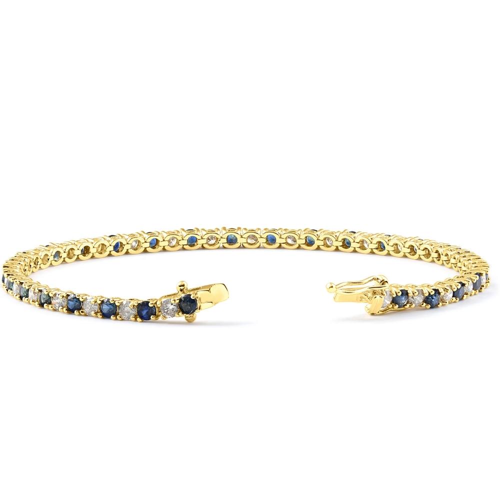 3ct Blue Sapphire & Diamond Tennis Bracelet 14K Yellow Gold 7'
