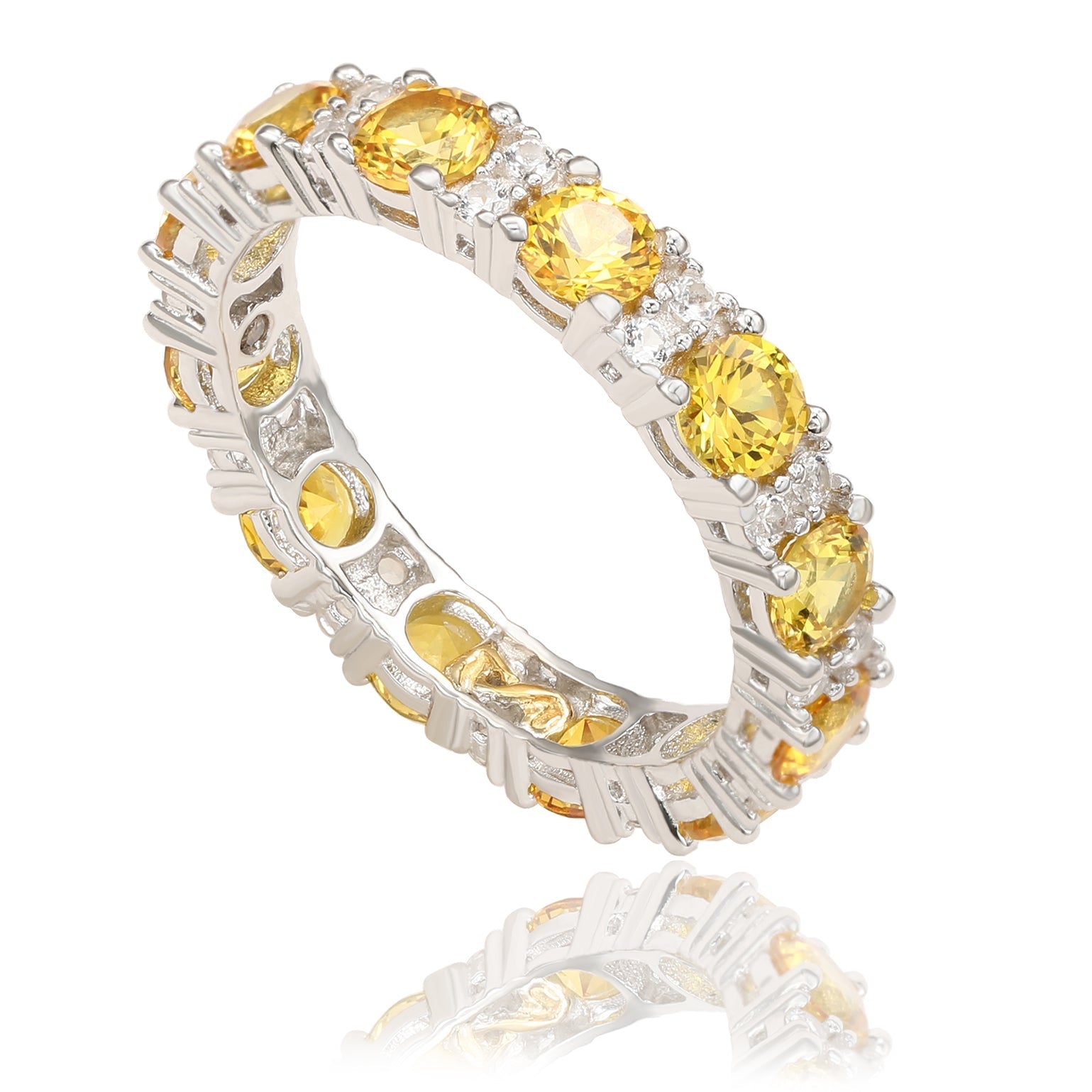 Suzy Levian Sterling Silver Round Cut Yellow Sapphire and Diamond Accent Eternity Band