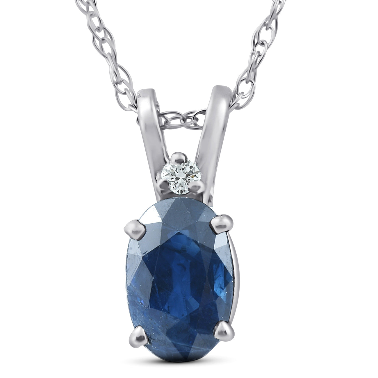 Diamond & Blue Sapphire Oval Shaped Solitaire Pendant 14K White Gold & 18' Chain