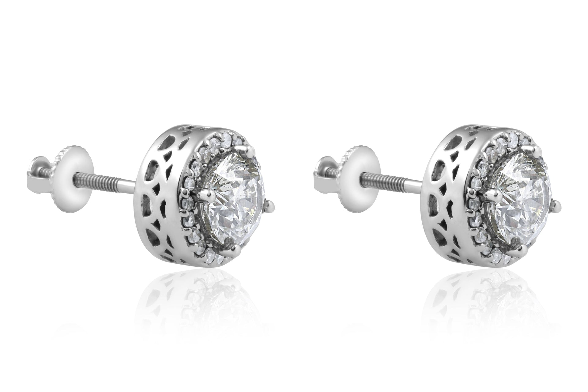 2 1/4 ct Round Diamond Halo Screw Back Vintage 14k White Gold Studs Enhanced