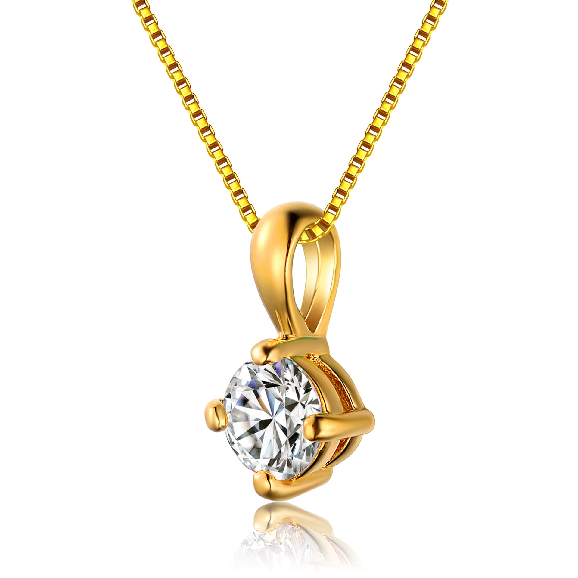 Sterling Silver With Gold Plated Clear Round Cubic Zirconia Solitaire Necklace