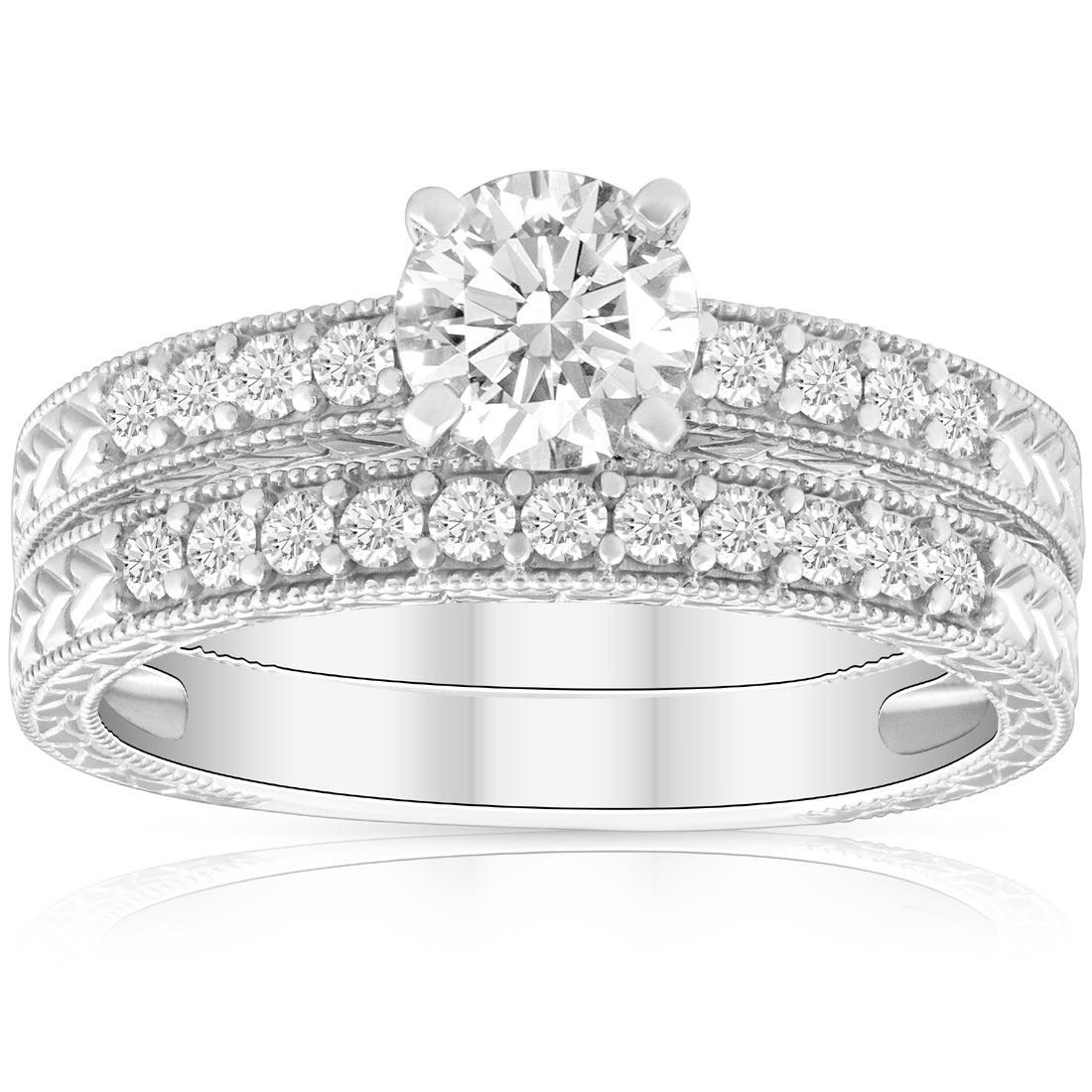 1 1/2 CT Diamond Engagement Ring & Matching Vintage Wedding Band Set White Gold