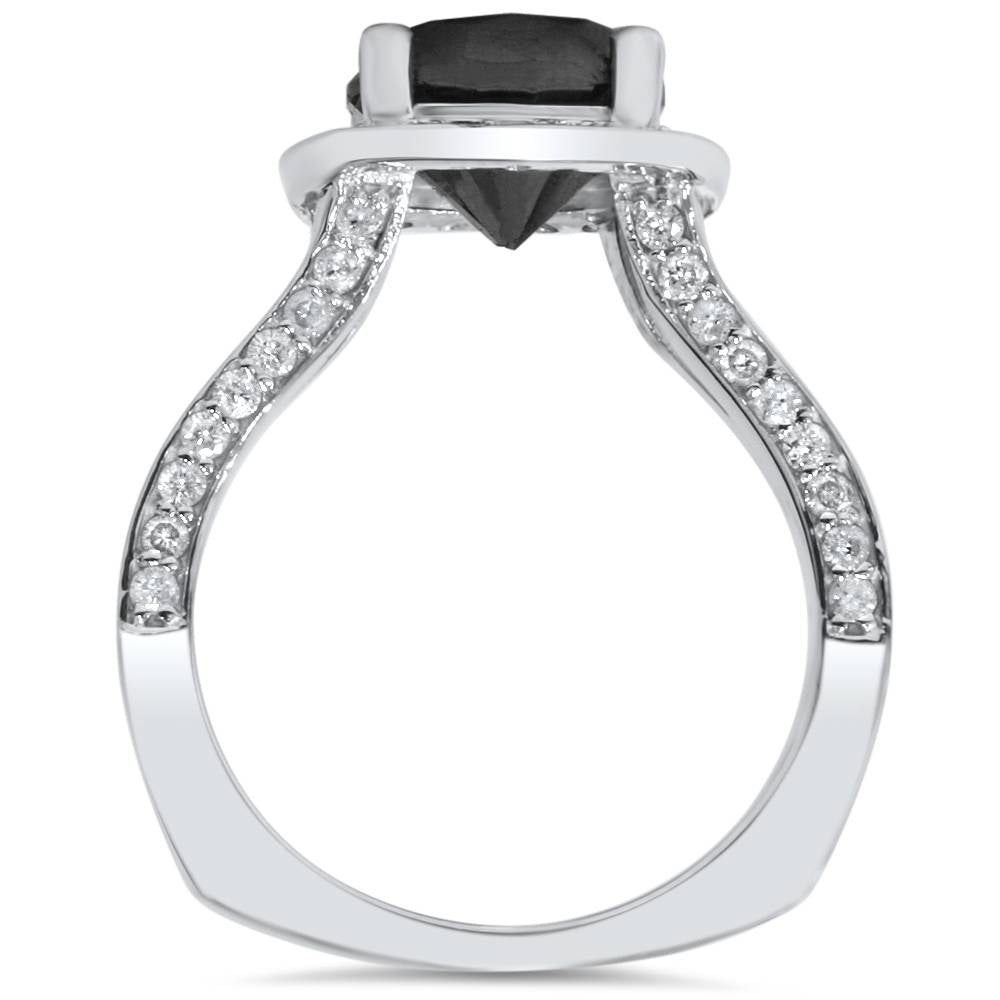 3 5/8 Ct Black Diamond Halo Split Shank Engagement Ring 14K White Gold