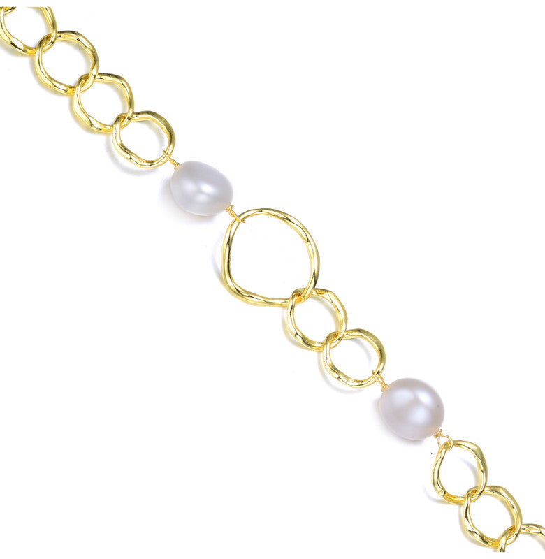 Sterling Silver 14k Gold Plated with Genuine Freshwater Pearl Chain Bracelet