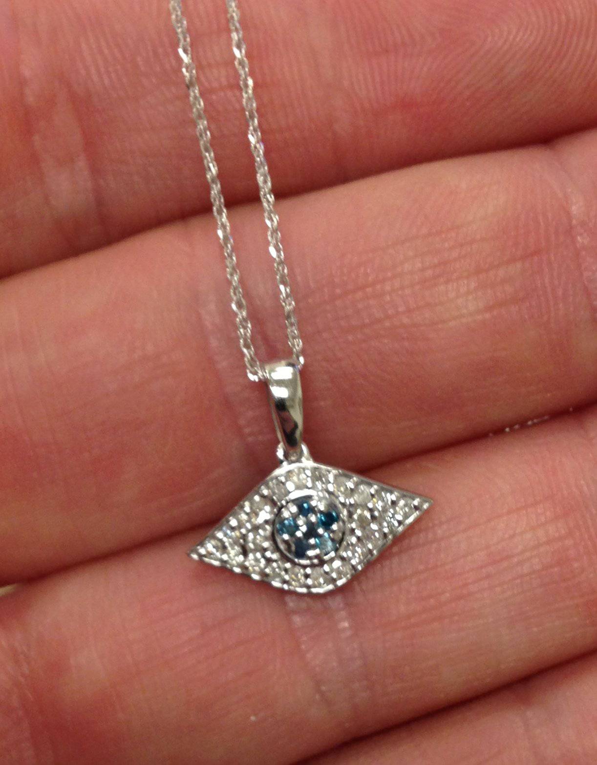 1/4ct Blue & White Diamond Evil Eye Pendant 14K White Gold W/ 18' Chain & Box