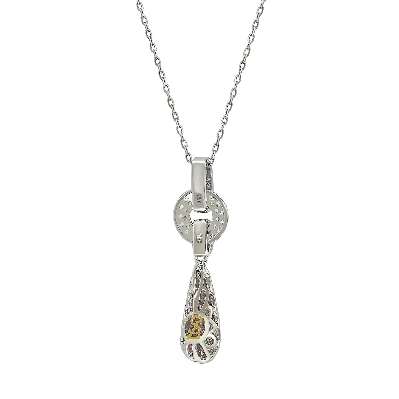 Suzy Levian Sterling Silver Pink Sapphire and Diamond Accent Pave Tear Drop Pendant