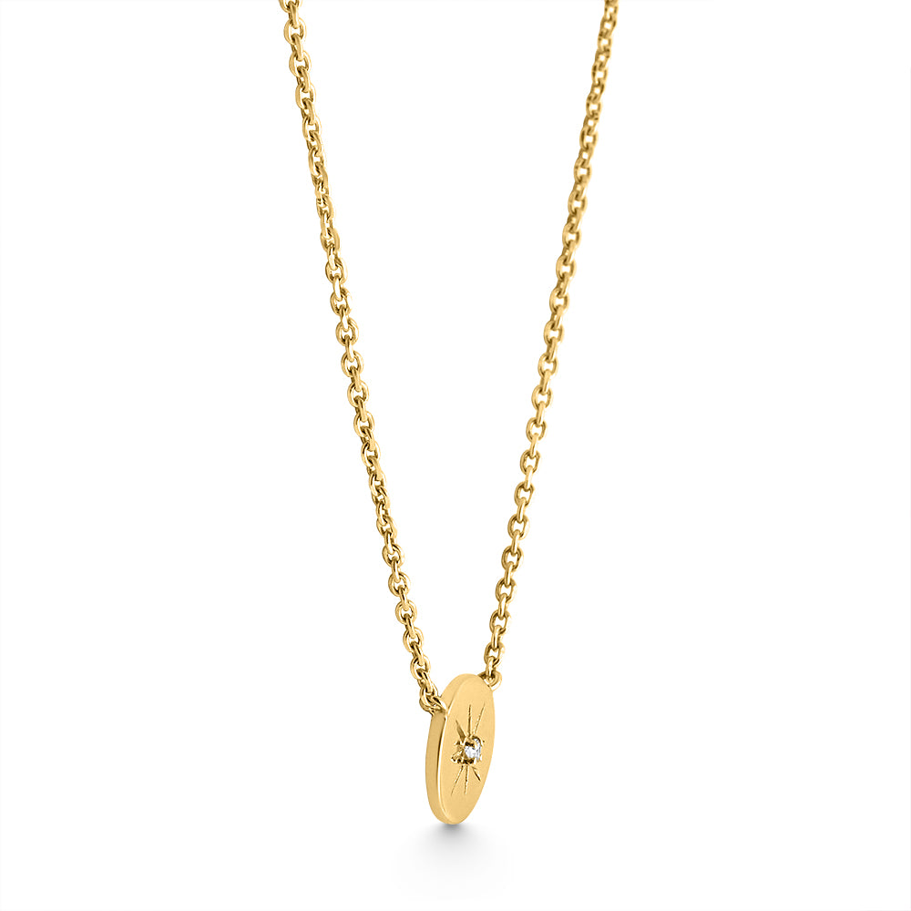 Diamond Disc Starburst Pendant 14k Yellow Gold Necklace 18'