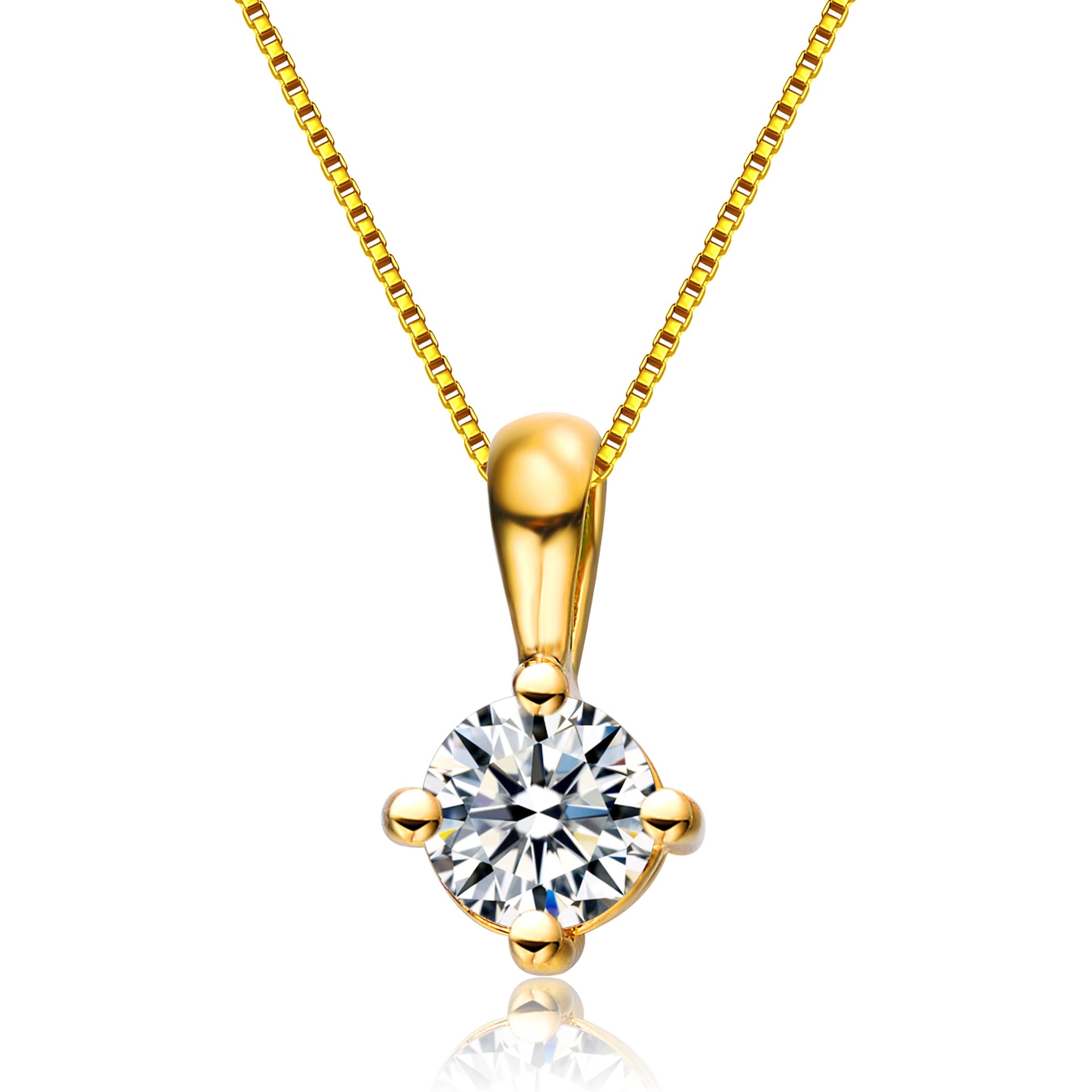 Sterling Silver With Gold Plated Clear Round Cubic Zirconia Solitaire Necklace