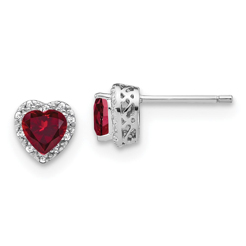 14k White Gold 1/10 CT Lab Grown Diamond And Created Ruby Heart Halo Stud Earrings