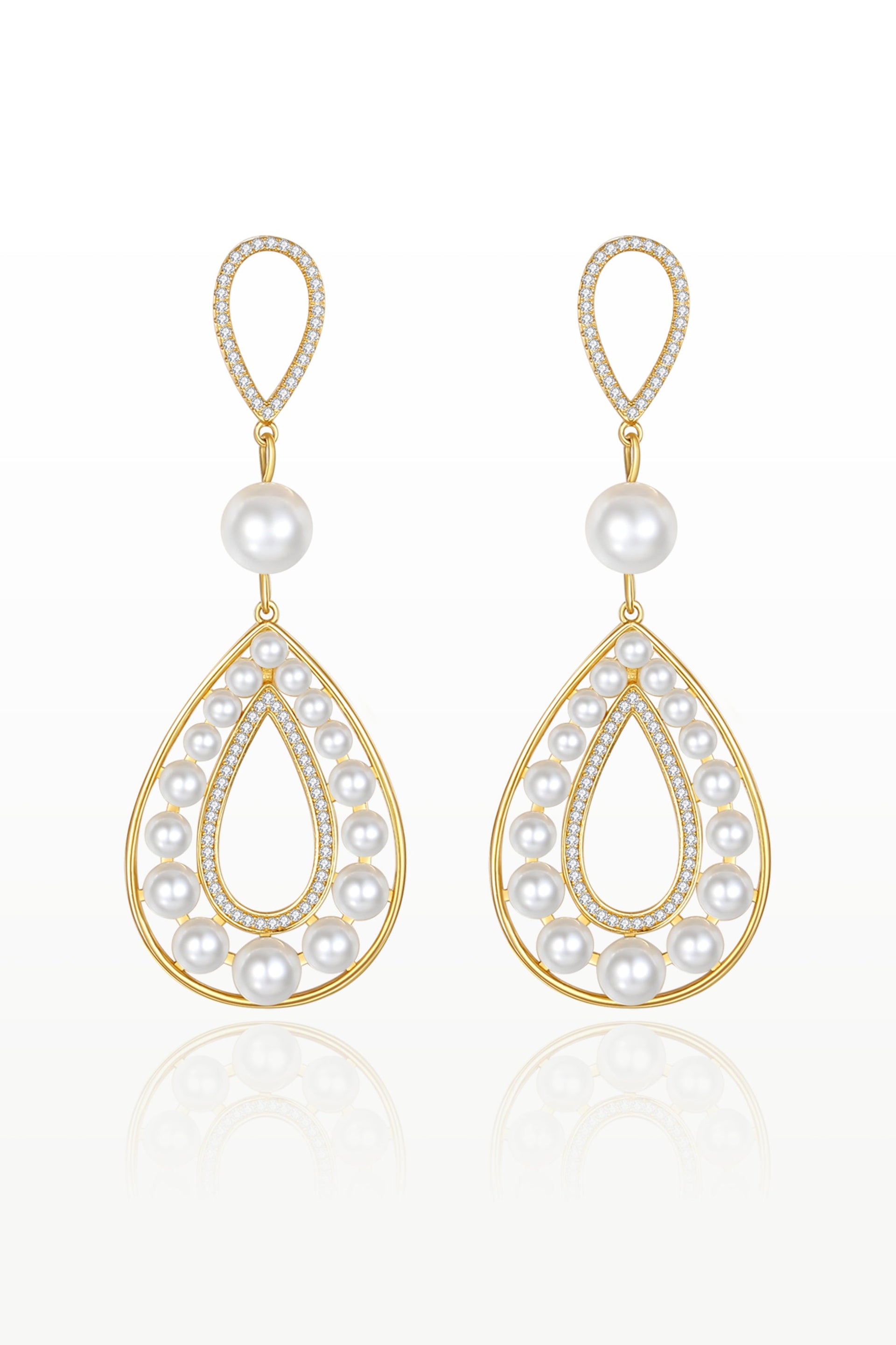 Gold Pearl Hollow Teardrop Dangle Earrings