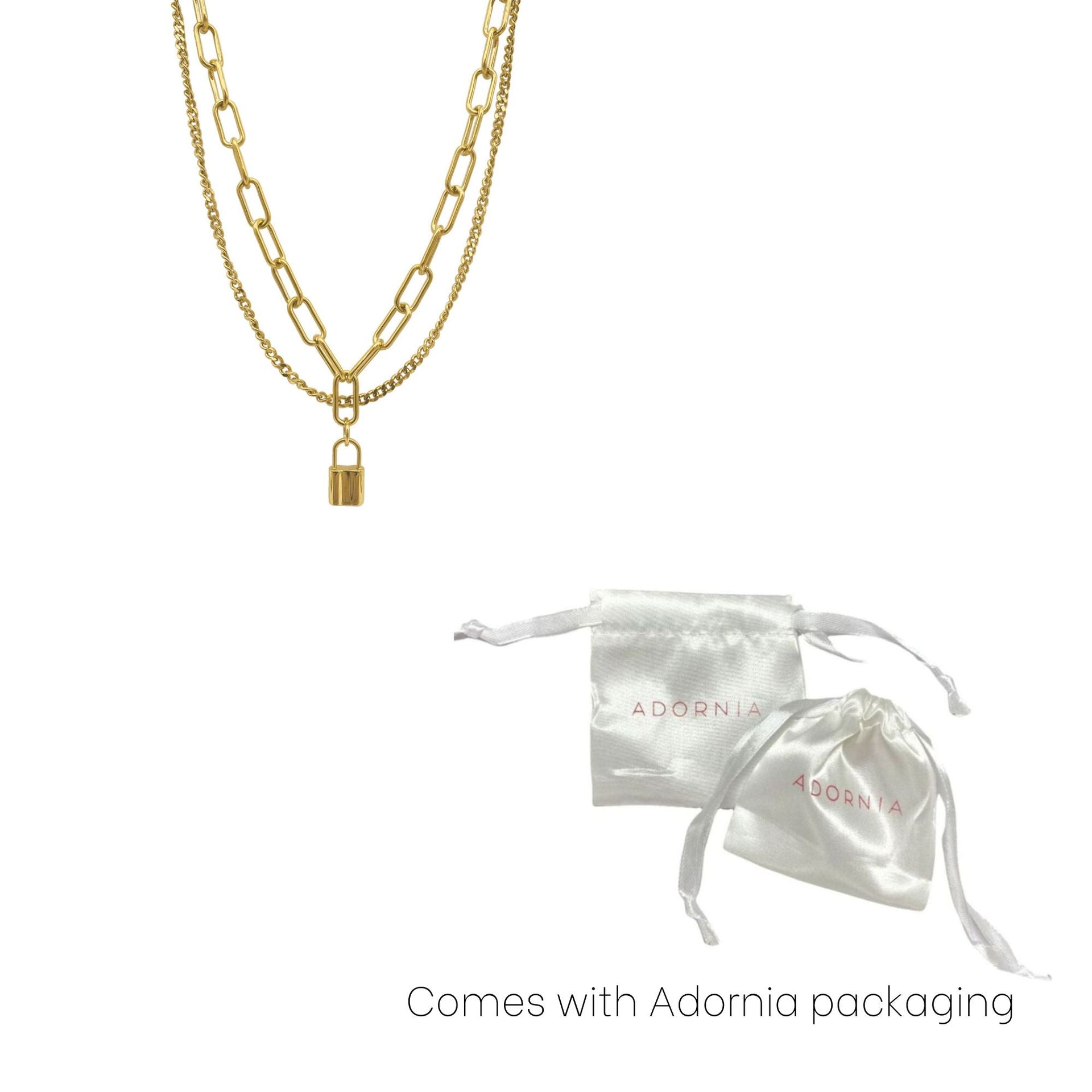 Tarnish Resistant 14k Gold Plated Layered Curb And Paper Clip Chain Lock Necklace