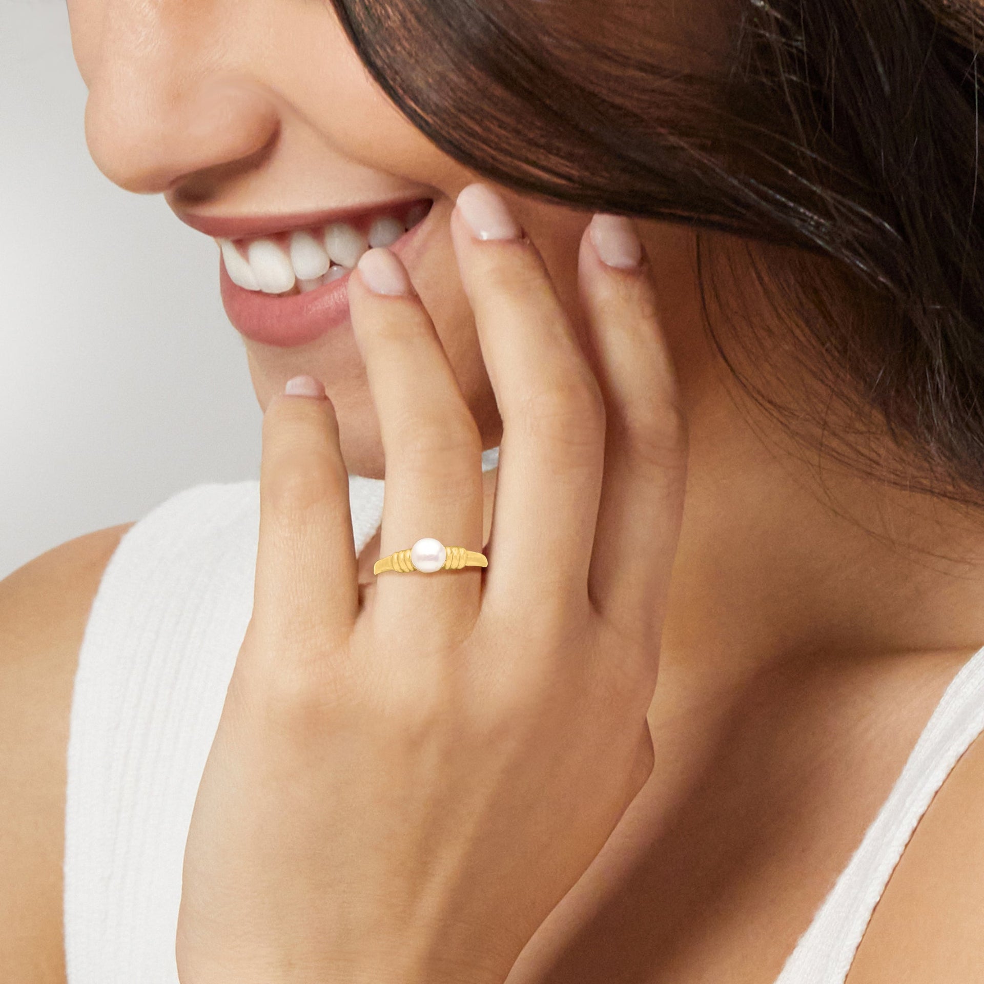 Canaria 6-7mm Cultured Button Pearl Ribbed Ring in 10kt Yellow Gold