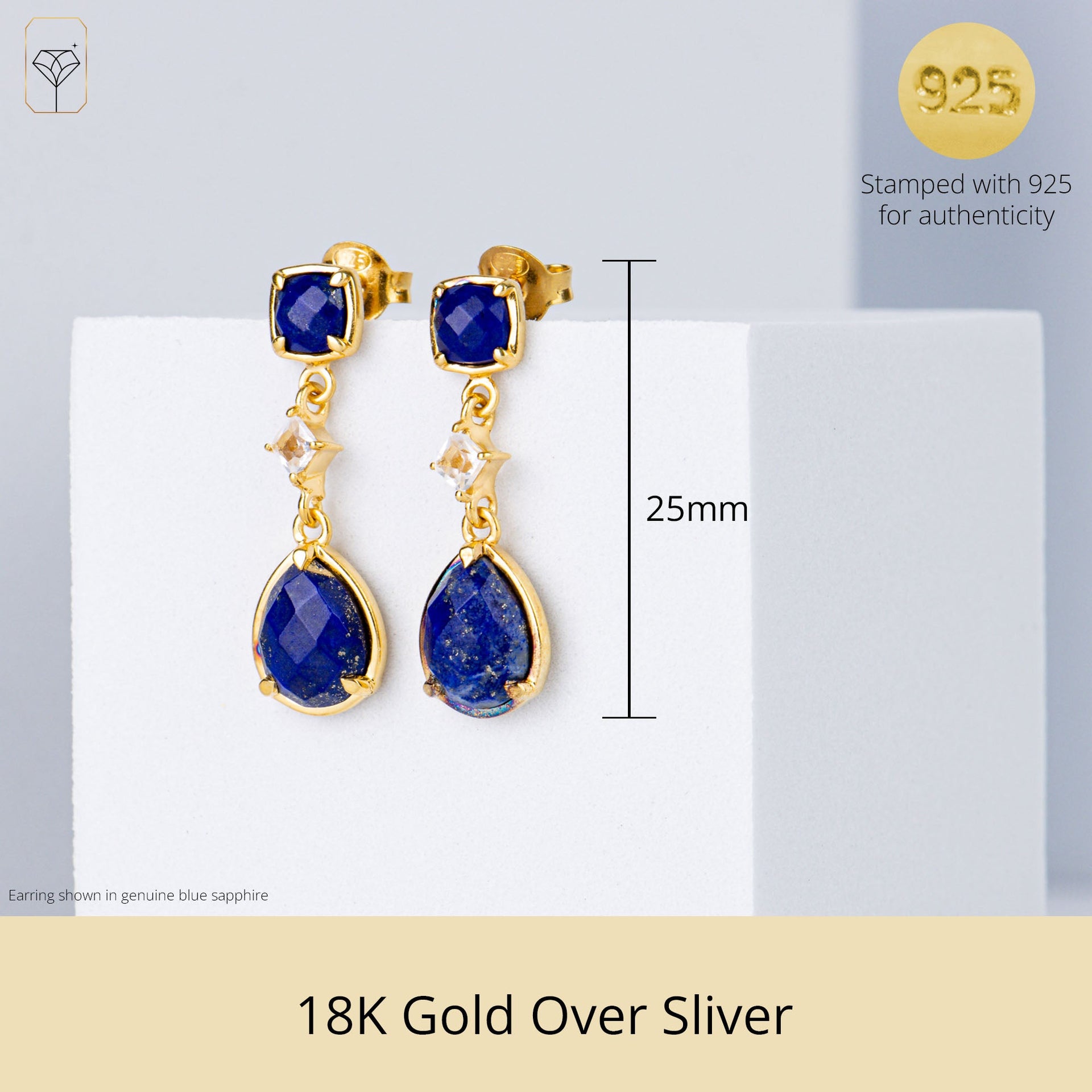 18K Gold Plated Genuine Blue Sapphire 3 Stone Dangle Drop Earrings