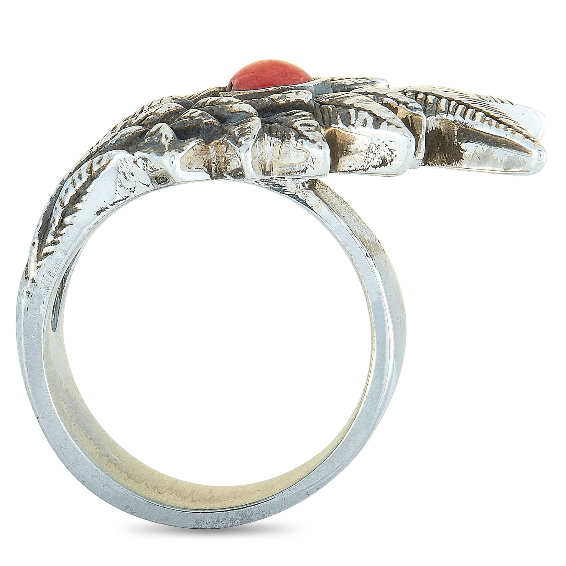 Raven Wing Sterling Silver and Coral Cabochon Ring