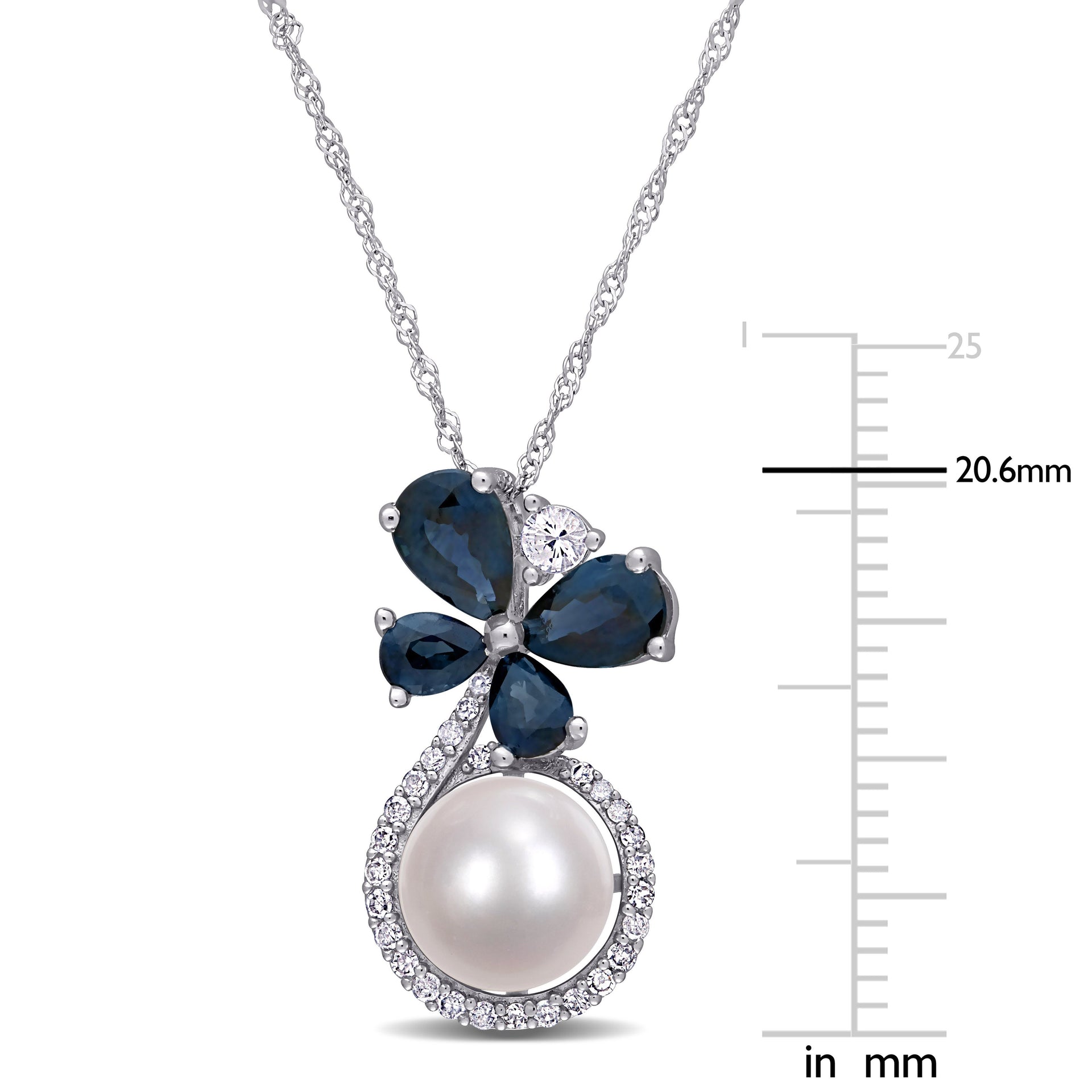 7.5-8 MM Cultured Freshwater Pearl and Sapphire White Sapphire and 1/8 CT TW Diamond Butterfly Drop Necklace in 10k White Gold