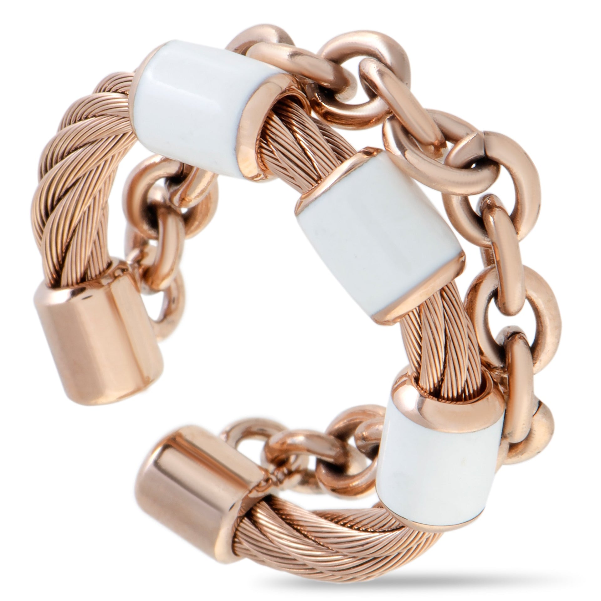 St. Tropez Stainless Steel and Pink PVD White Enamel Cable and Chain Band Ring