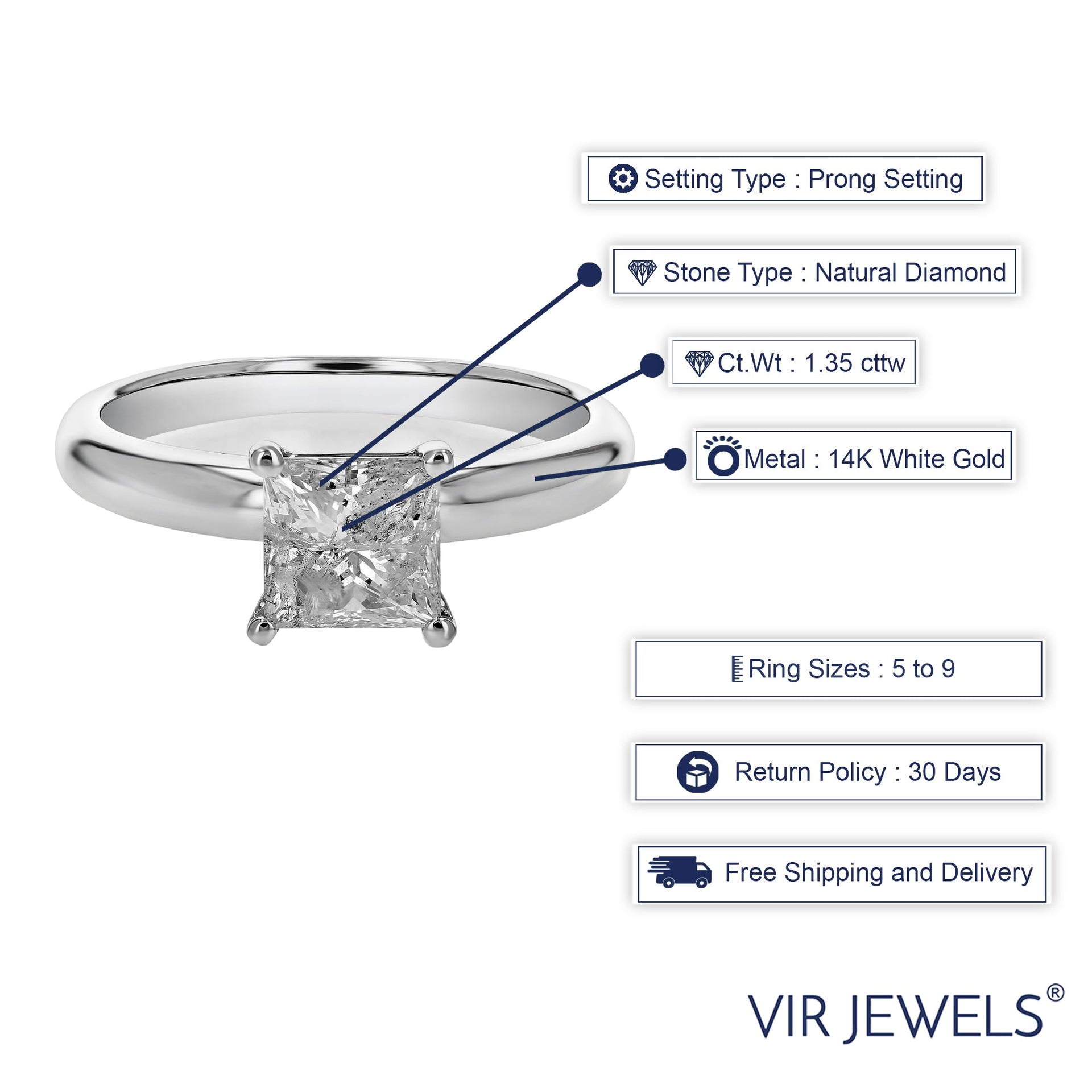 1.35 cttw Princess Diamond Solitaire Engagement Ring 14K White Gold Prong