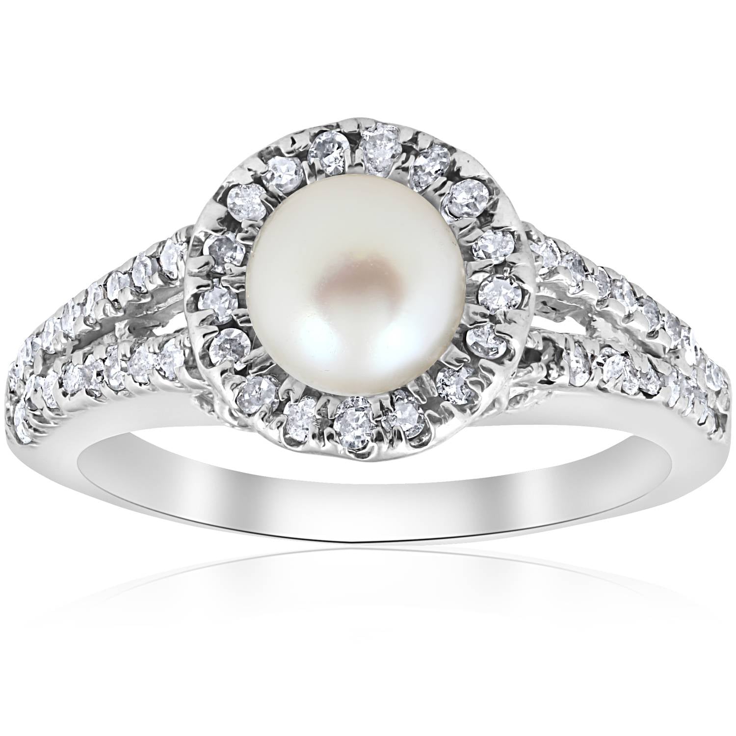 Diamond Pearl Halo Ring 14K White Gold