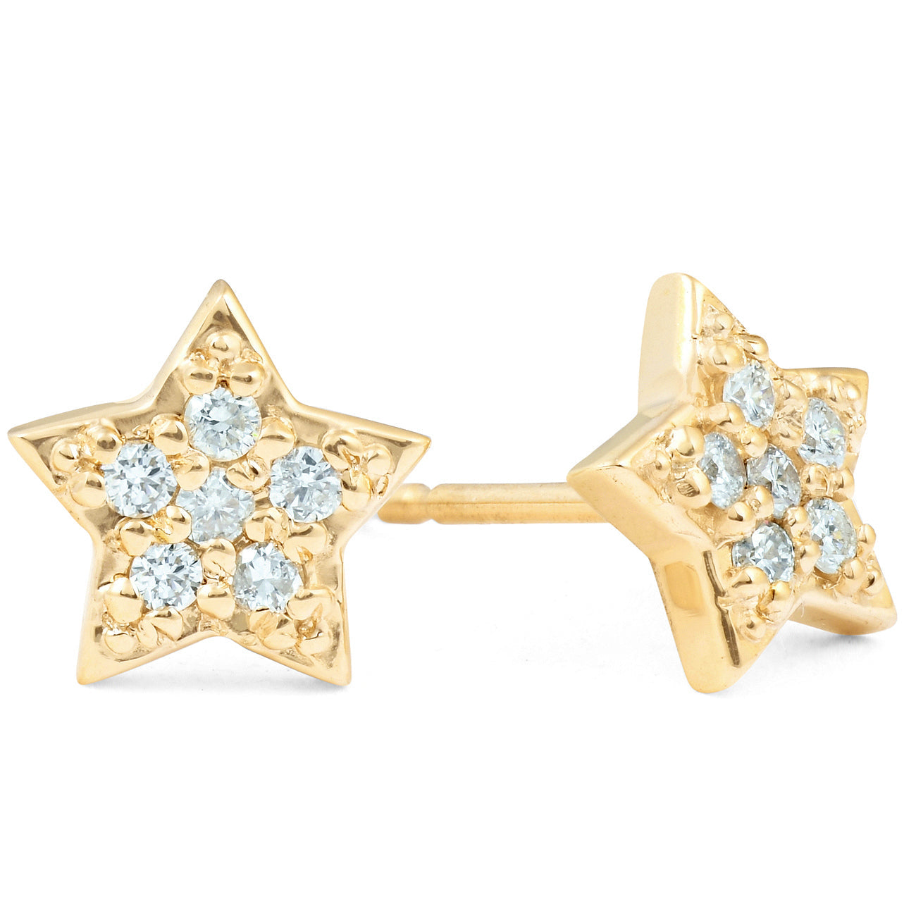 14K Yellow Gold Diamond Pave Petite Star Studs Dainty High Polished 6.5MM