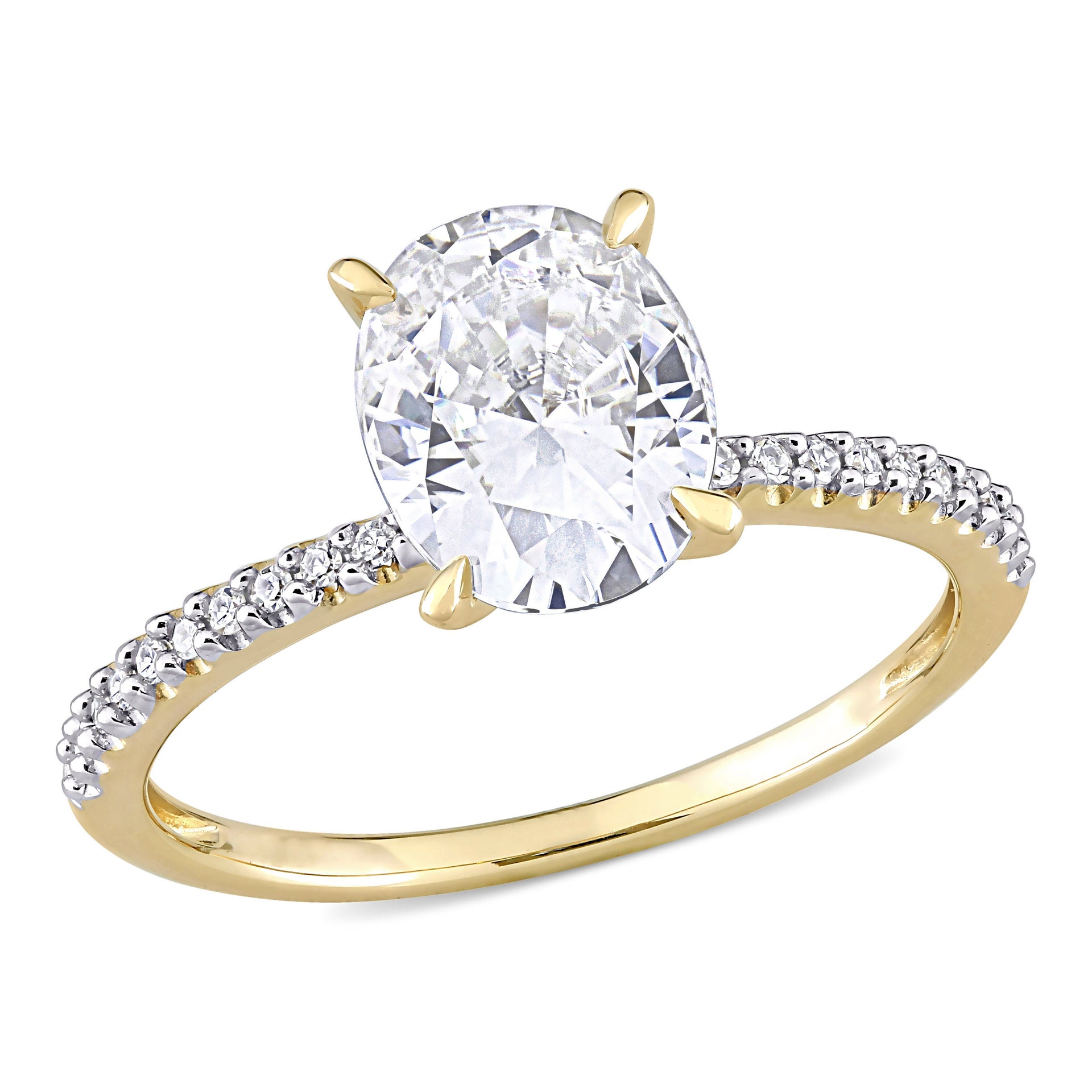 Mimi & Max 2ct DEW Created White Moissanite and 1/10ct TW Diamond Oval Solitaire Engagement Ring in 14k Yellow Gold