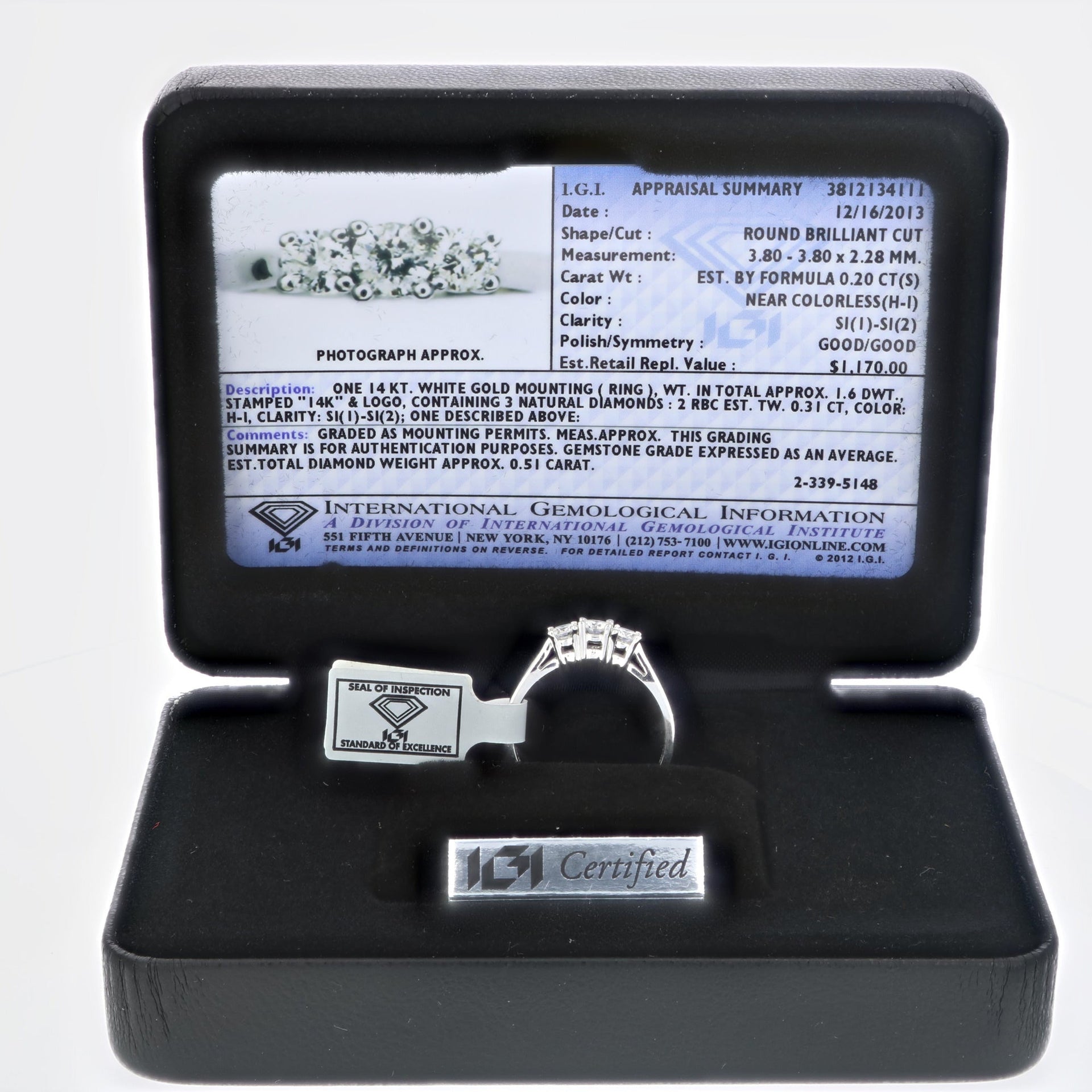 1/2 cttw Certified 3 Stone Diamond Engagement Ring 14K White Gold SI2-I1