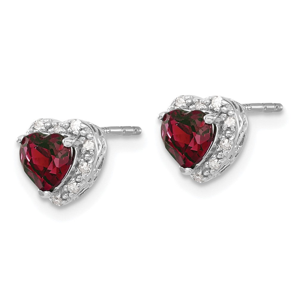 14k White Gold 1/10 CT Lab Grown Diamond And Created Ruby Heart Halo Stud Earrings