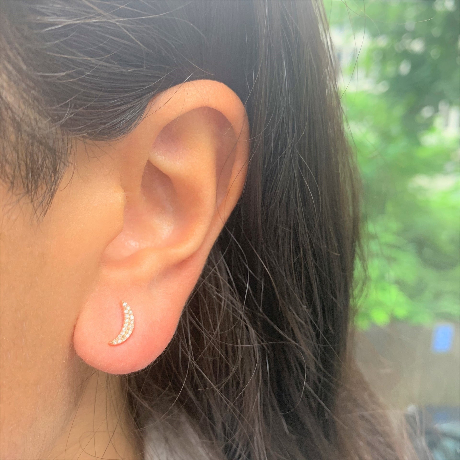 14k Gold & Diamond Moon Stud Earrings