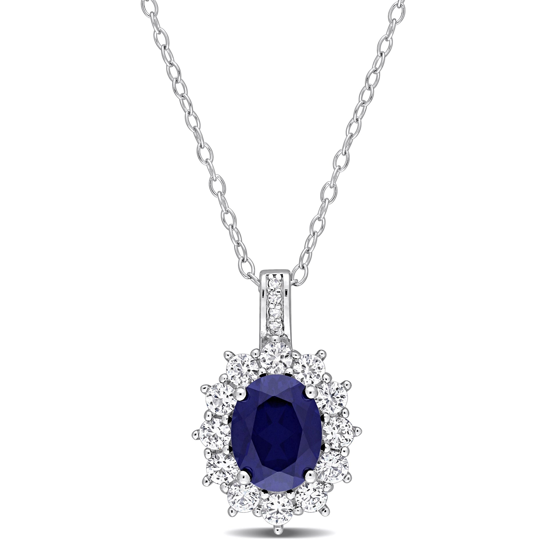 4 CT TGW Created Blue and Created White Sapphire and 0.02 CT TW Diamond Oval Halo Pendant with Chain in Sterling Silver