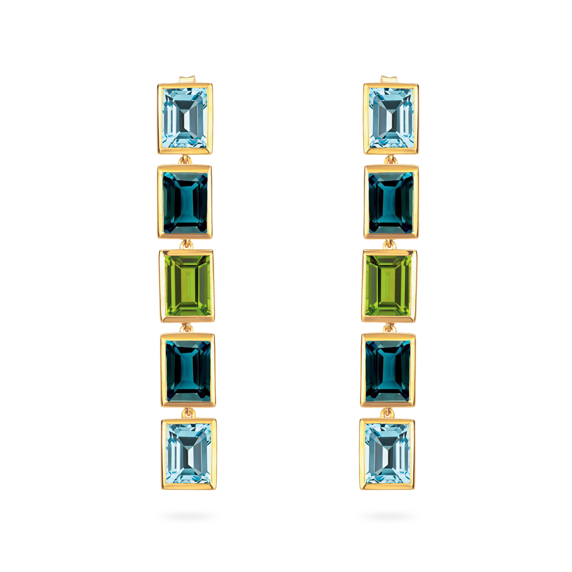 Sky Blue Topaz, London Blue Topaz and Peridot 5 Drop Earrings