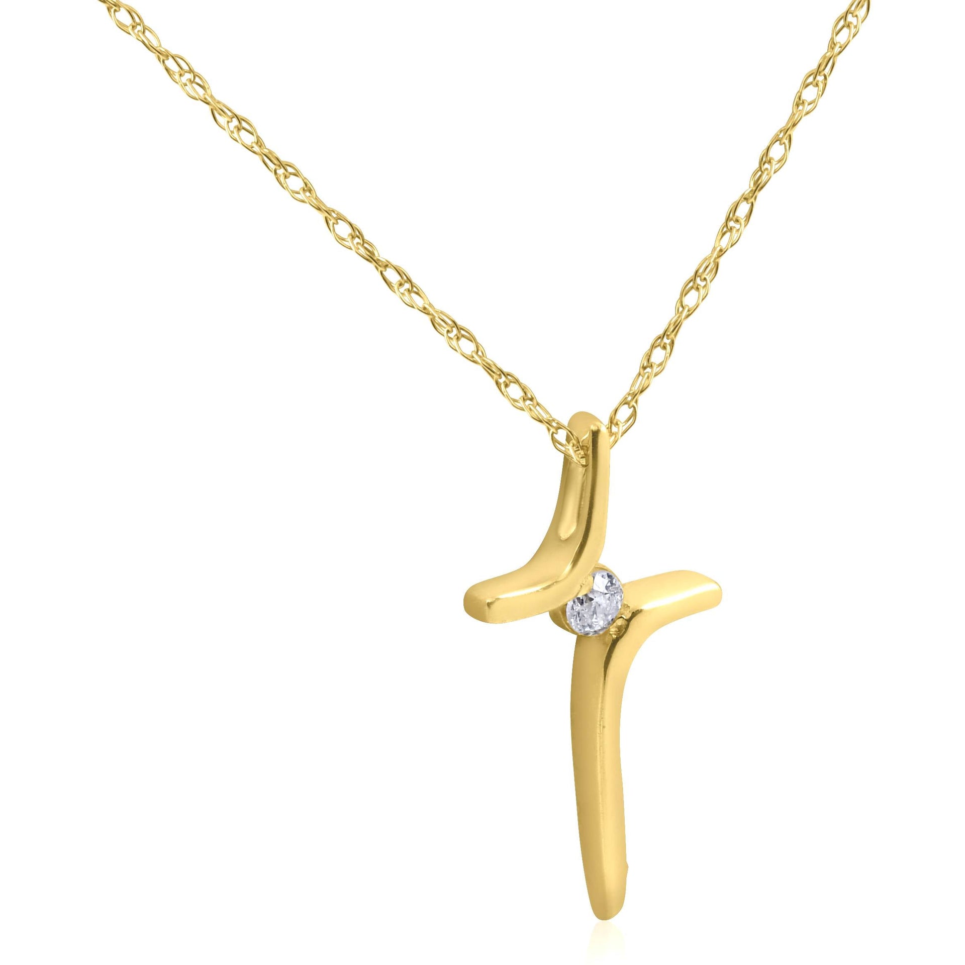 Diamond Cross Pendant Round Solitaire 10K Yellow Gold 17mm tall