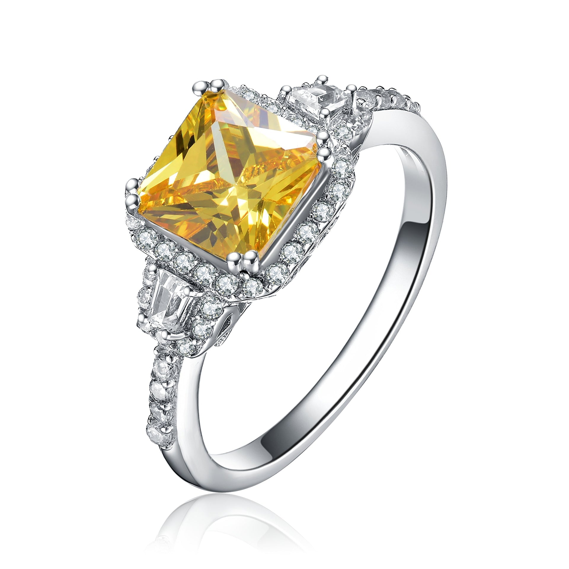 Sterling Silver Yellow Cubic Zirconia Halo Coctail Ring
