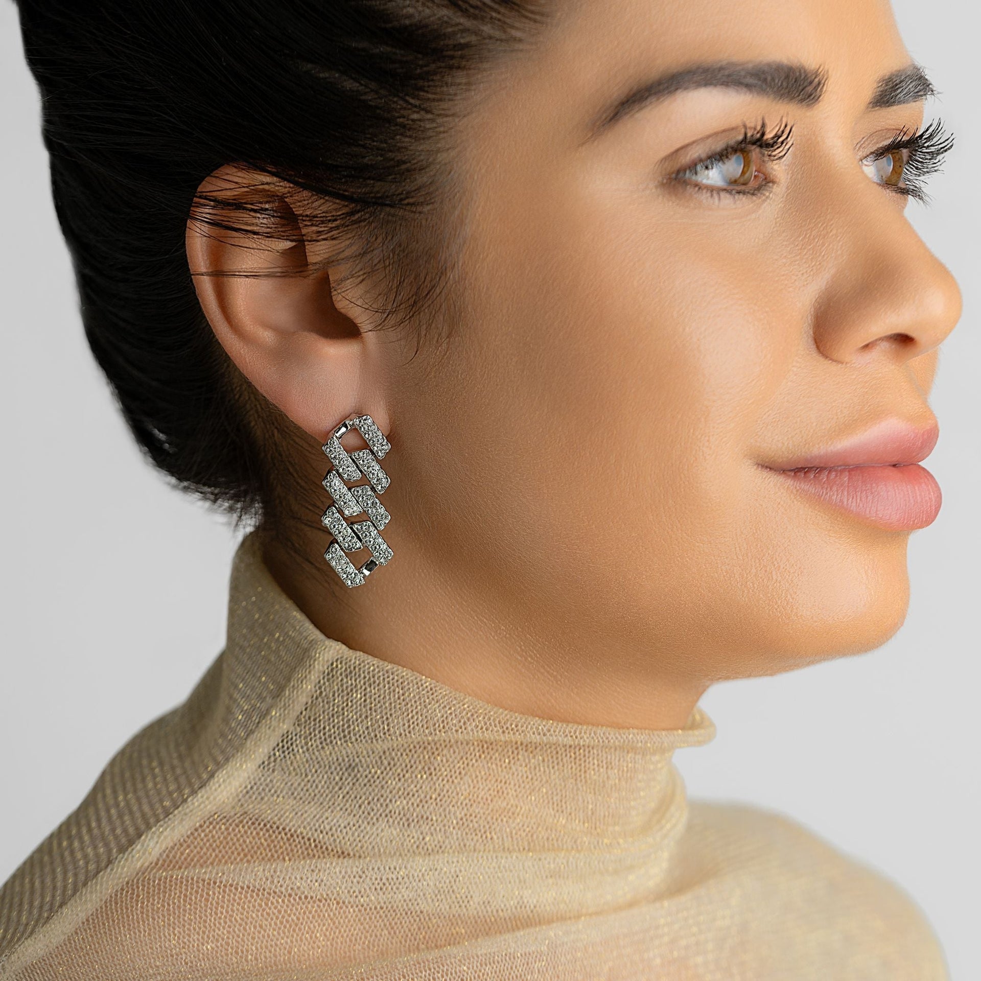 Silver Plated Edgy Cuban Chain Crystal Drop Earrings