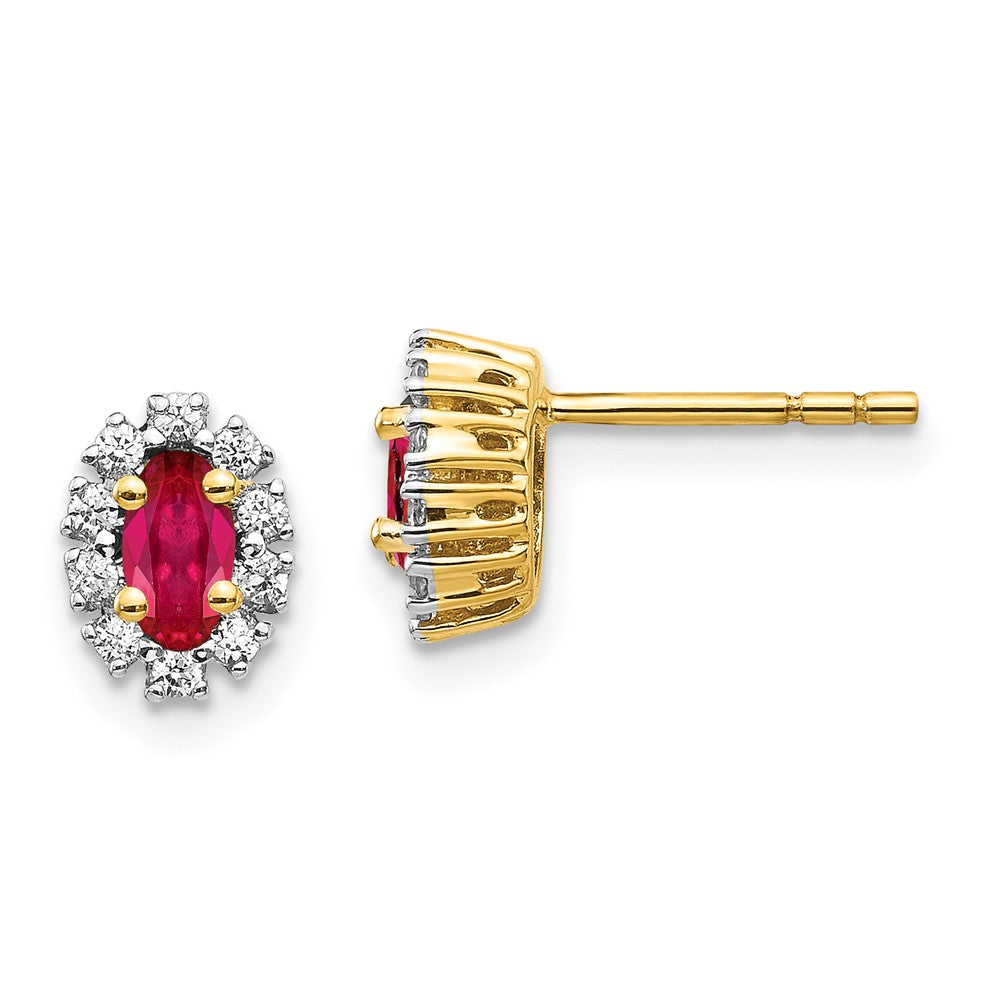 14k Gold 1/5 CT Lab Grown Diamond And Oval Created Ruby Halo Stud Earrings