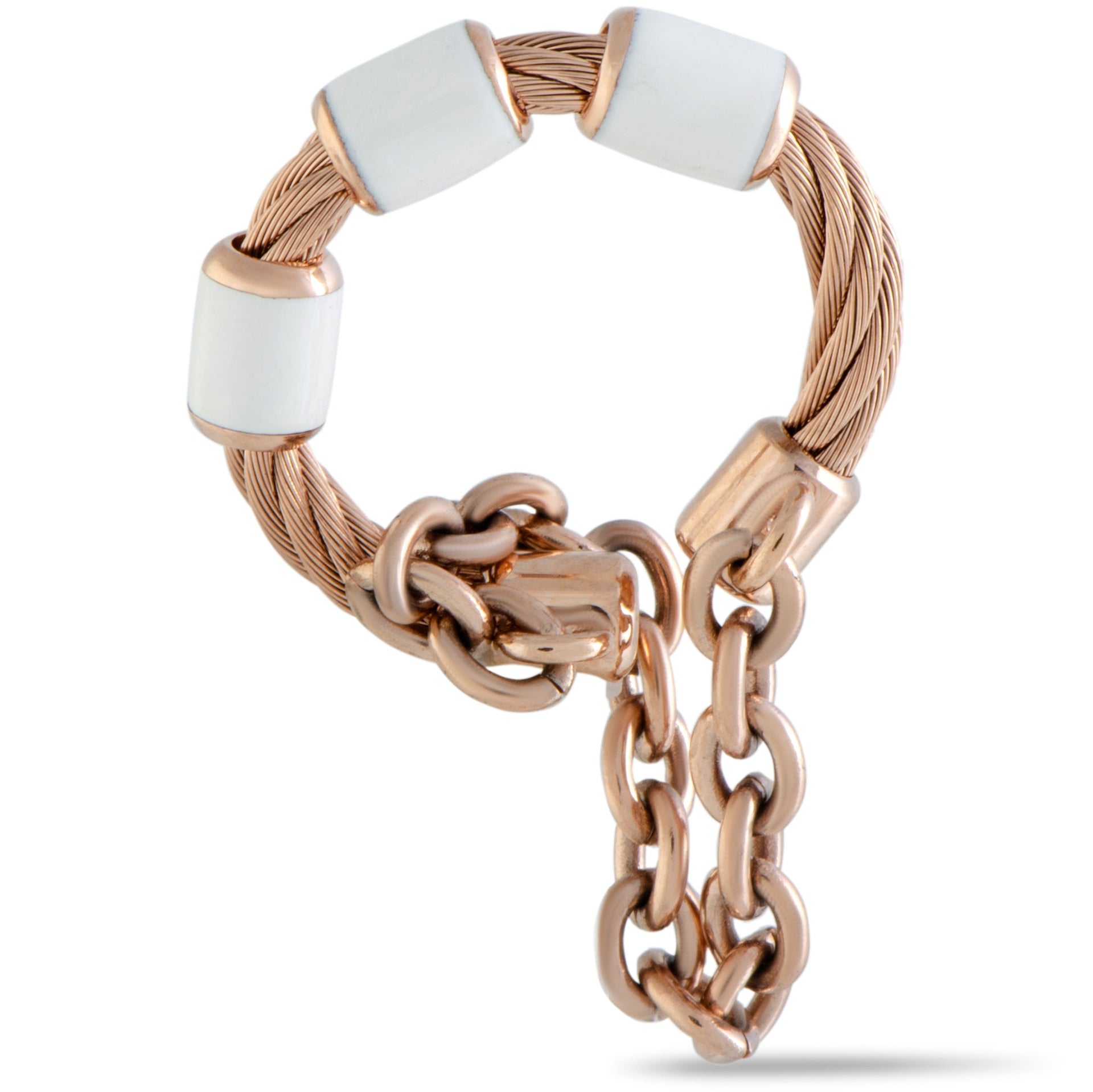 St. Tropez Stainless Steel and Pink PVD White Enamel Cable and Chain Band Ring
