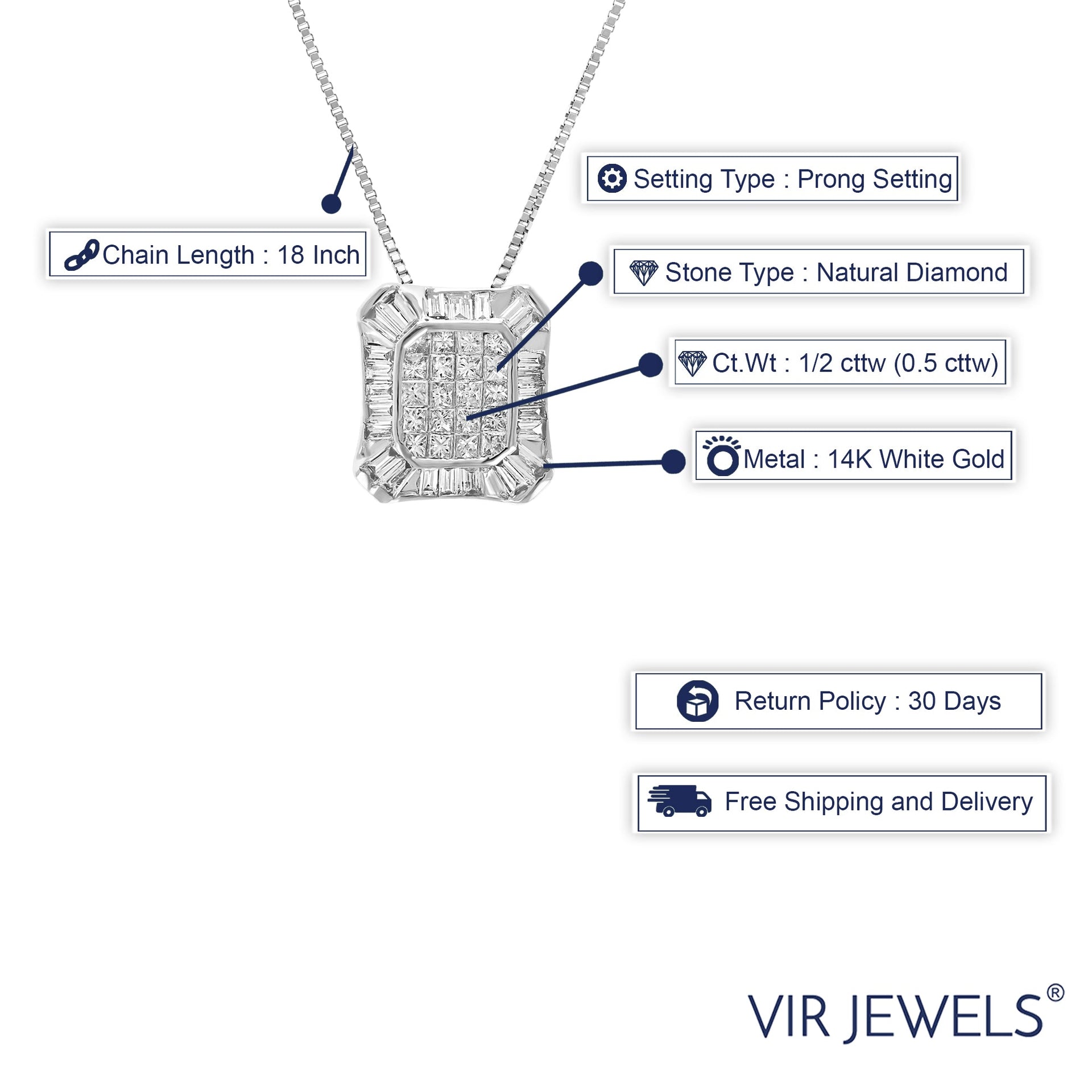 1/2 cttw Princess and Baguette Diamond Composite Pendant Necklace 14K White Gold