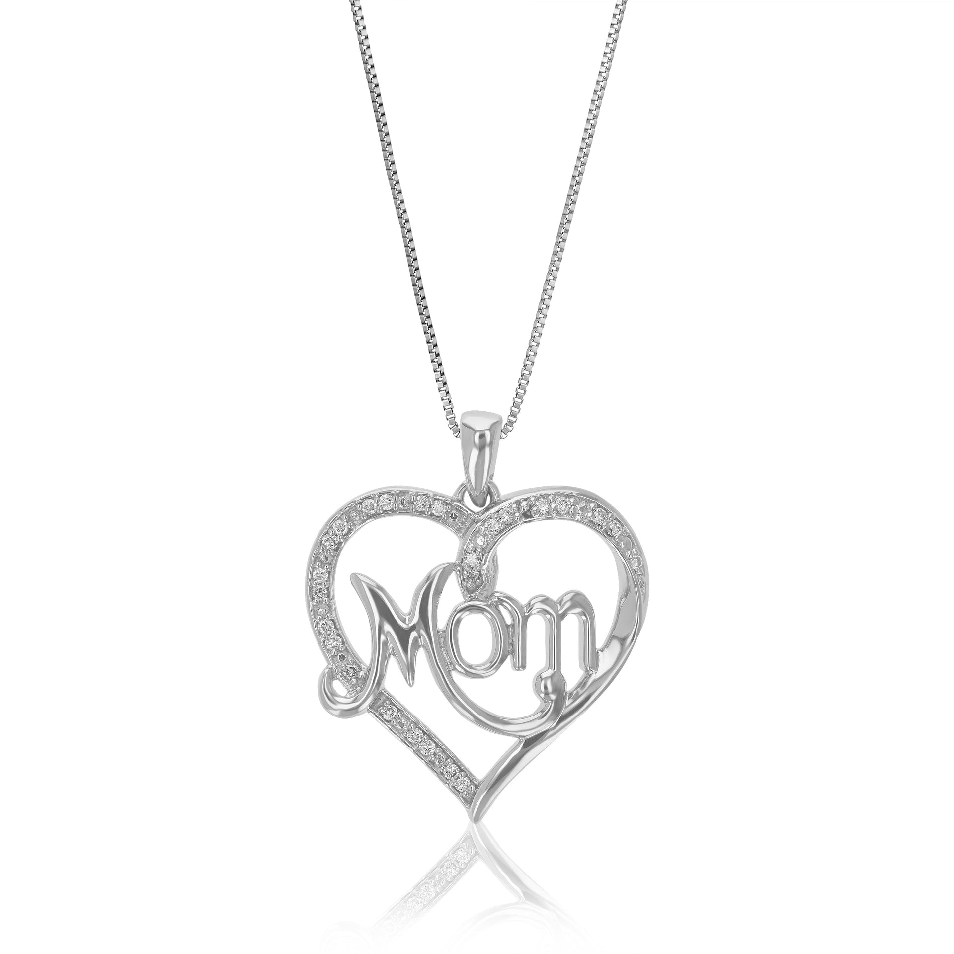 1/10 cttw Lab Grown Diamond Heart And Mom Pendant Necklace .925 Sterling Silver 3/4 Inch With 18 Inch Chain