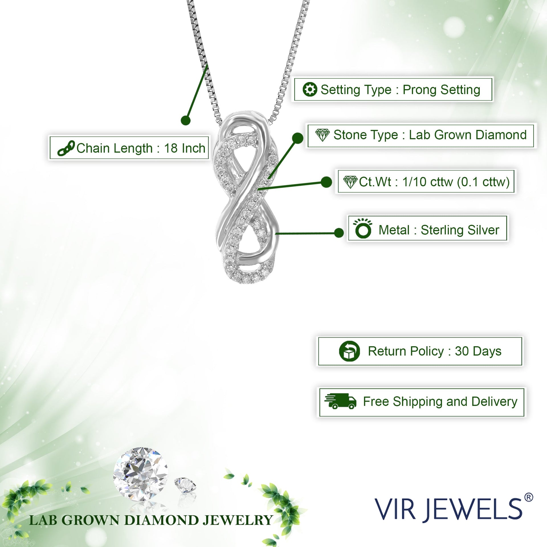 1/10 cttw Lab Grown Round Cut Diamond Infinity Pendant Necklace .925 Sterling Silver 1/10 Inch With 18 Inch Chain