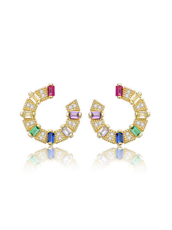 Sterling Silver 14k Gold Plated With Colored Cubic Zirconia Front-facing C-hoop Earrings