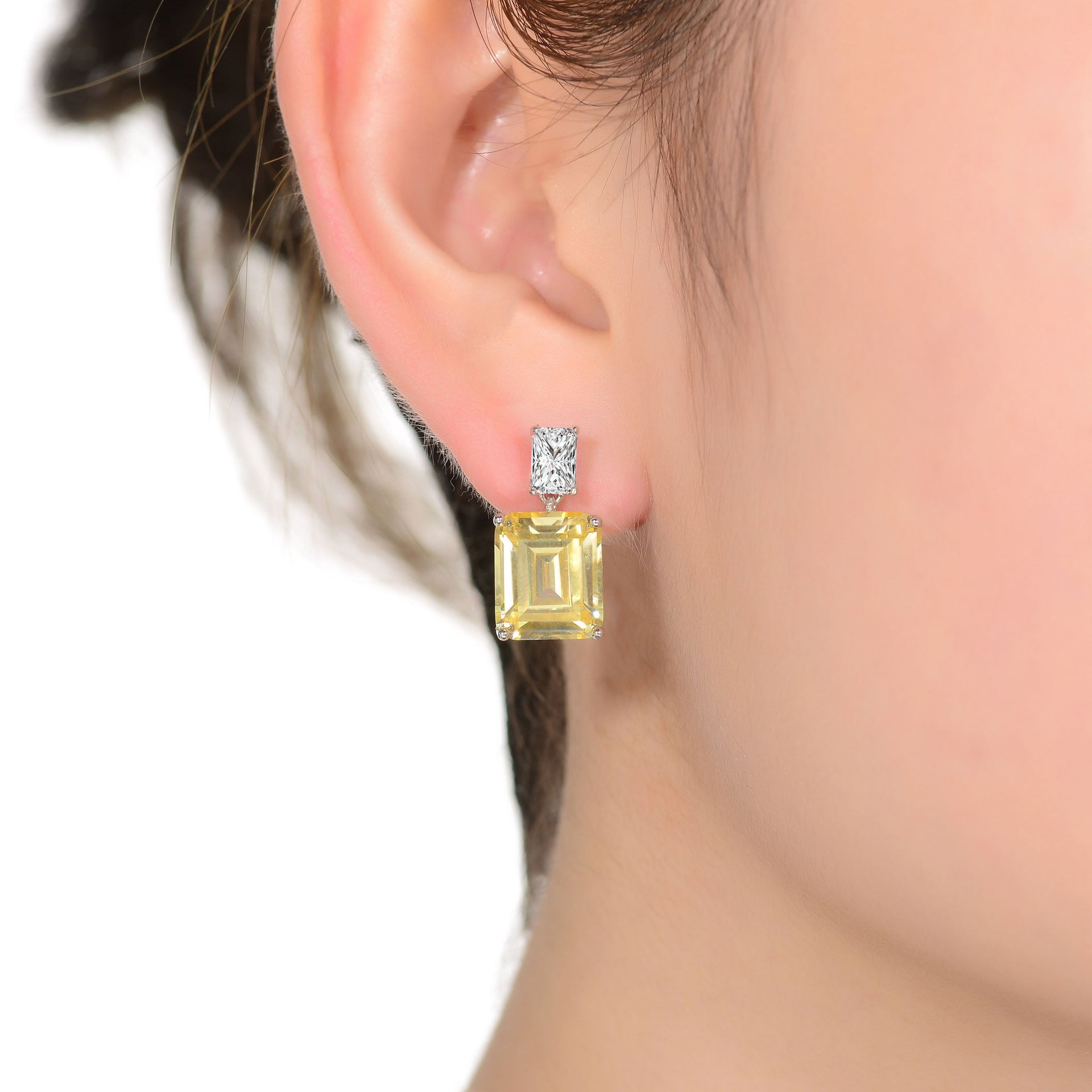 Ga Sterling Silver With Rhodium Plated Clear And Yellow Emerald Cubic Zirconia Two-stone Drop Earrings