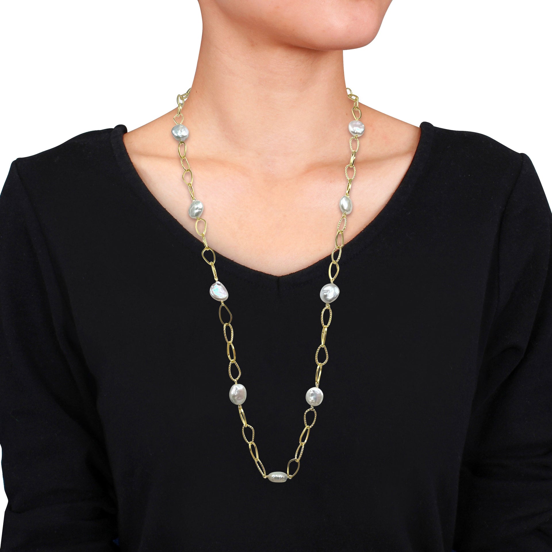 Mimi & Max 14-15mm Cultured Freshwater Coin Pearl Station Chain Necklace in Yellow Silver - 36 in
