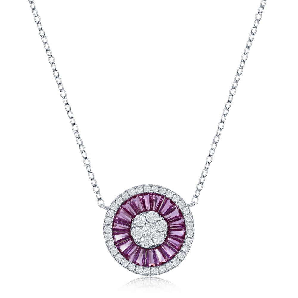 Sterling Silver White CZ and Simulated Baguette Circle Necklace