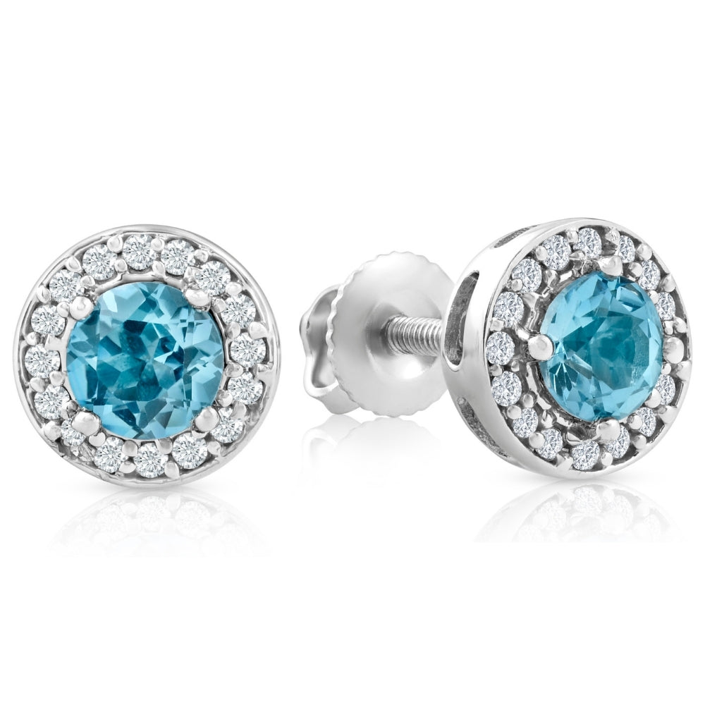 3/4ct Halo Diamond Blue Topaz Studs 14K White Gold