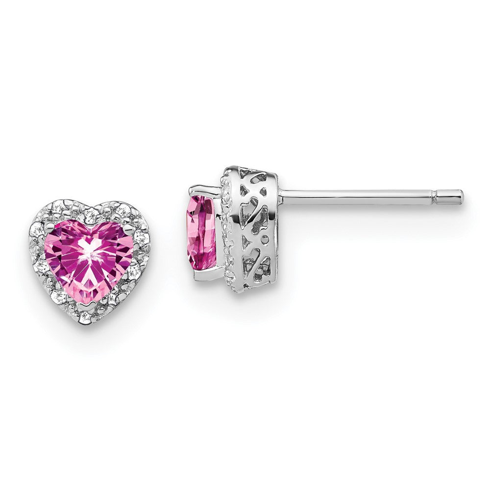 14k White Gold 1/10 CT Lab Grown Diamond And Heart Lab Created Pink Sapphire Stud Earrings
