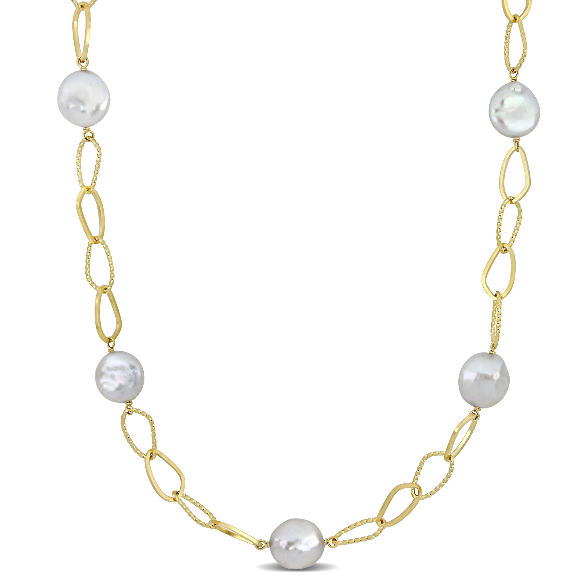 Mimi & Max 14-15mm Cultured Freshwater Coin Pearl Station Chain Necklace in Yellow Silver - 36 in