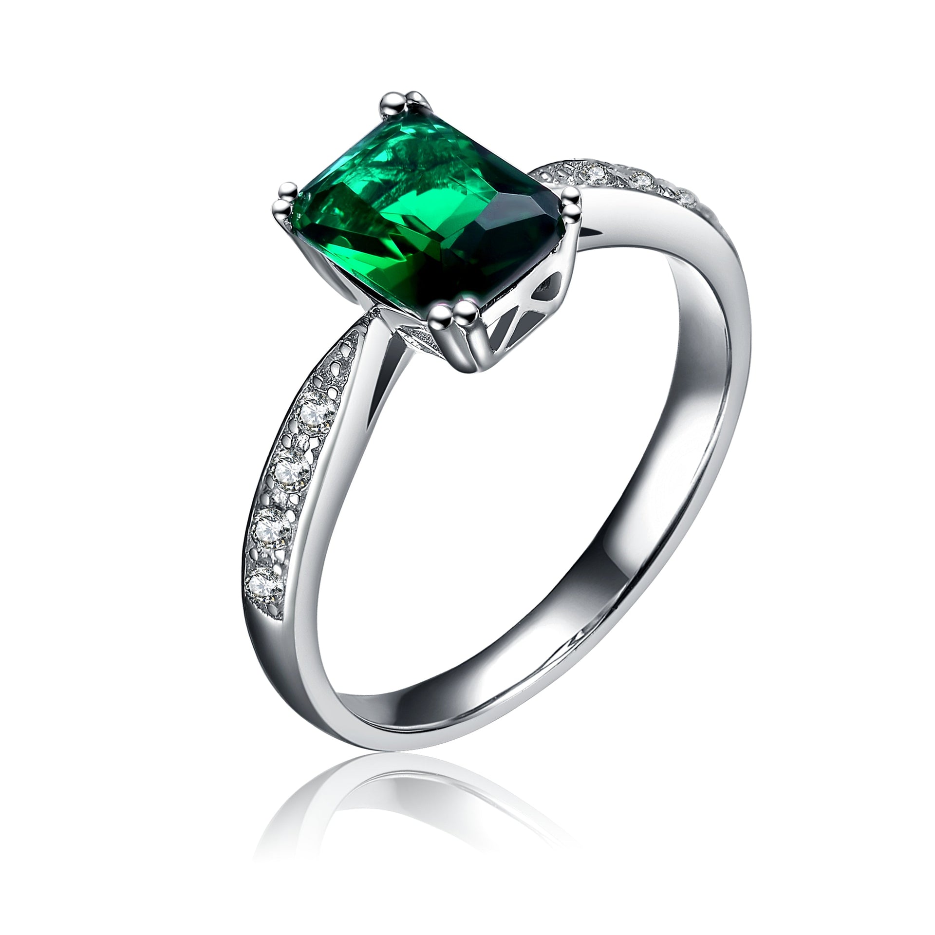 Sterling Silver with Emerald & Diamond Cubic Zirconia Emerald Cut French Pave Ring