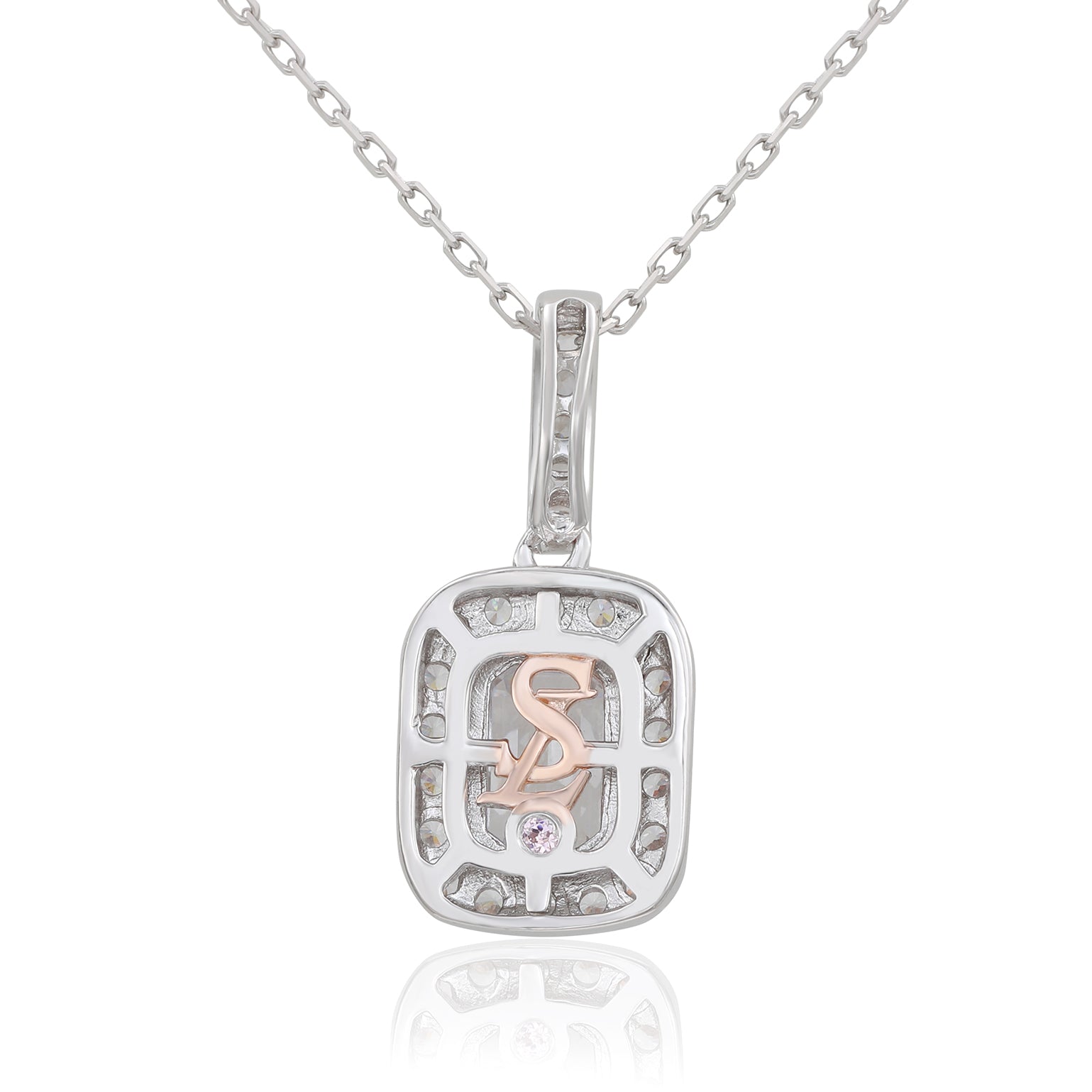Suzy Levian Sterling Silver Emerald Cut White Cubic Zirconia Halo Pendant
