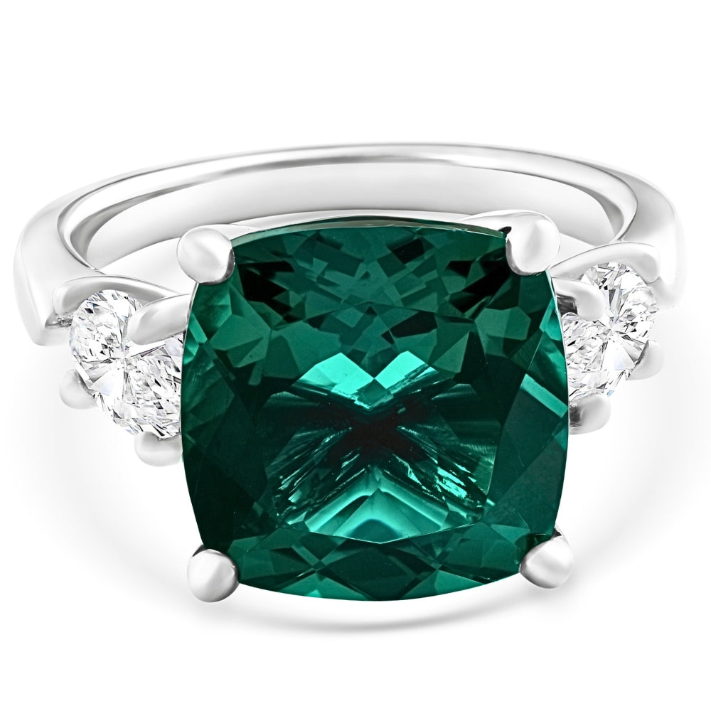 7.55Ct Green Cushion Emerald & Marquise Three Stone Ring 14k Gold lab Grown