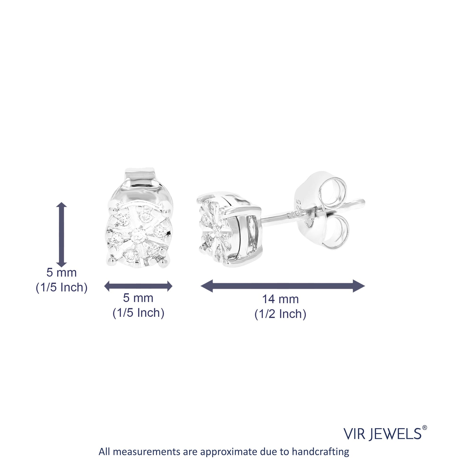 1/12 cttw 14 Stones Round Lab Grown Diamond Studs Earrings .925 Sterling Silver Prong Set 1/5 Inch
