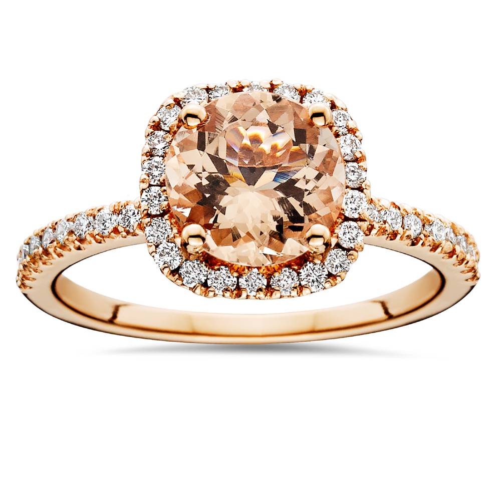 1 1/4 CT Morganite & Diamond Cushion Halo Engagement Ring 14K Rose Gold